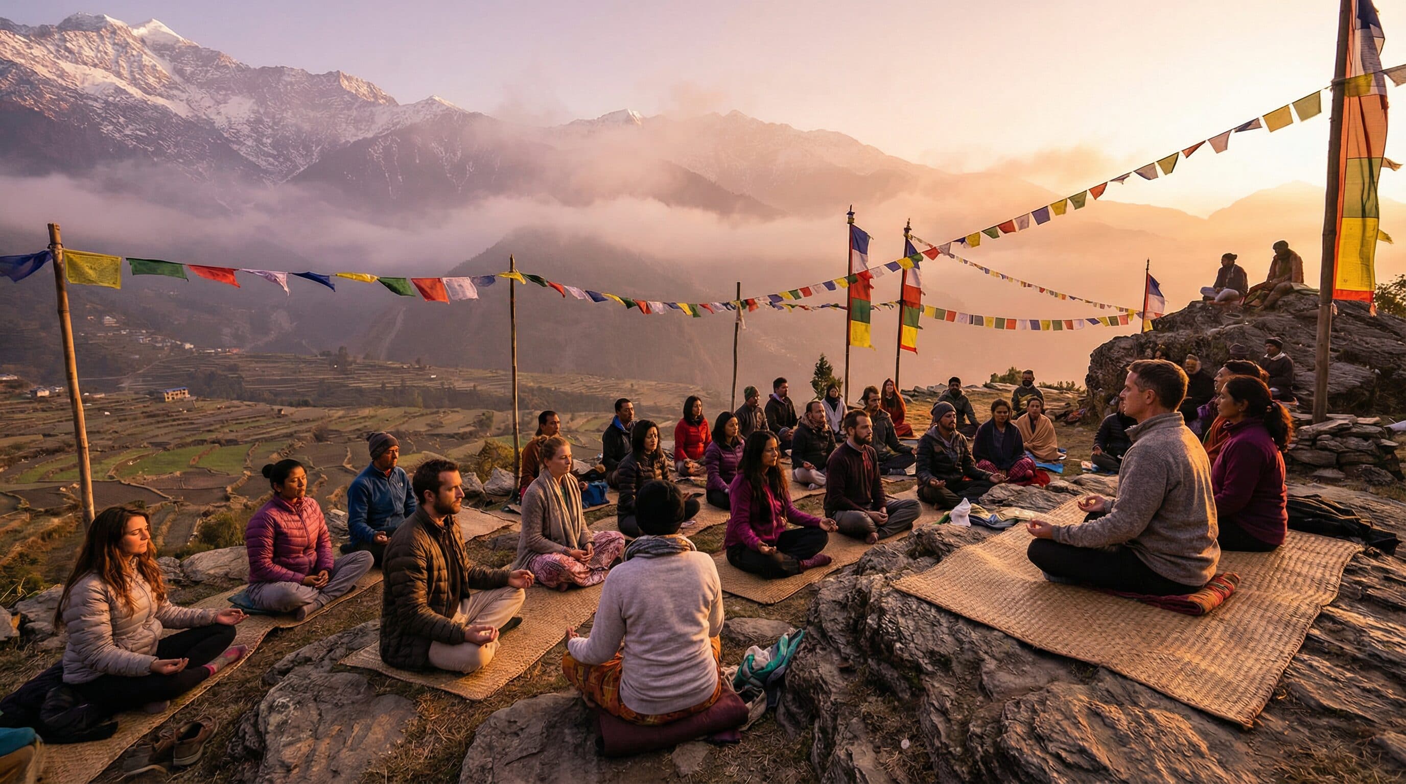 Community meditating together in the Himalayas at sunset
