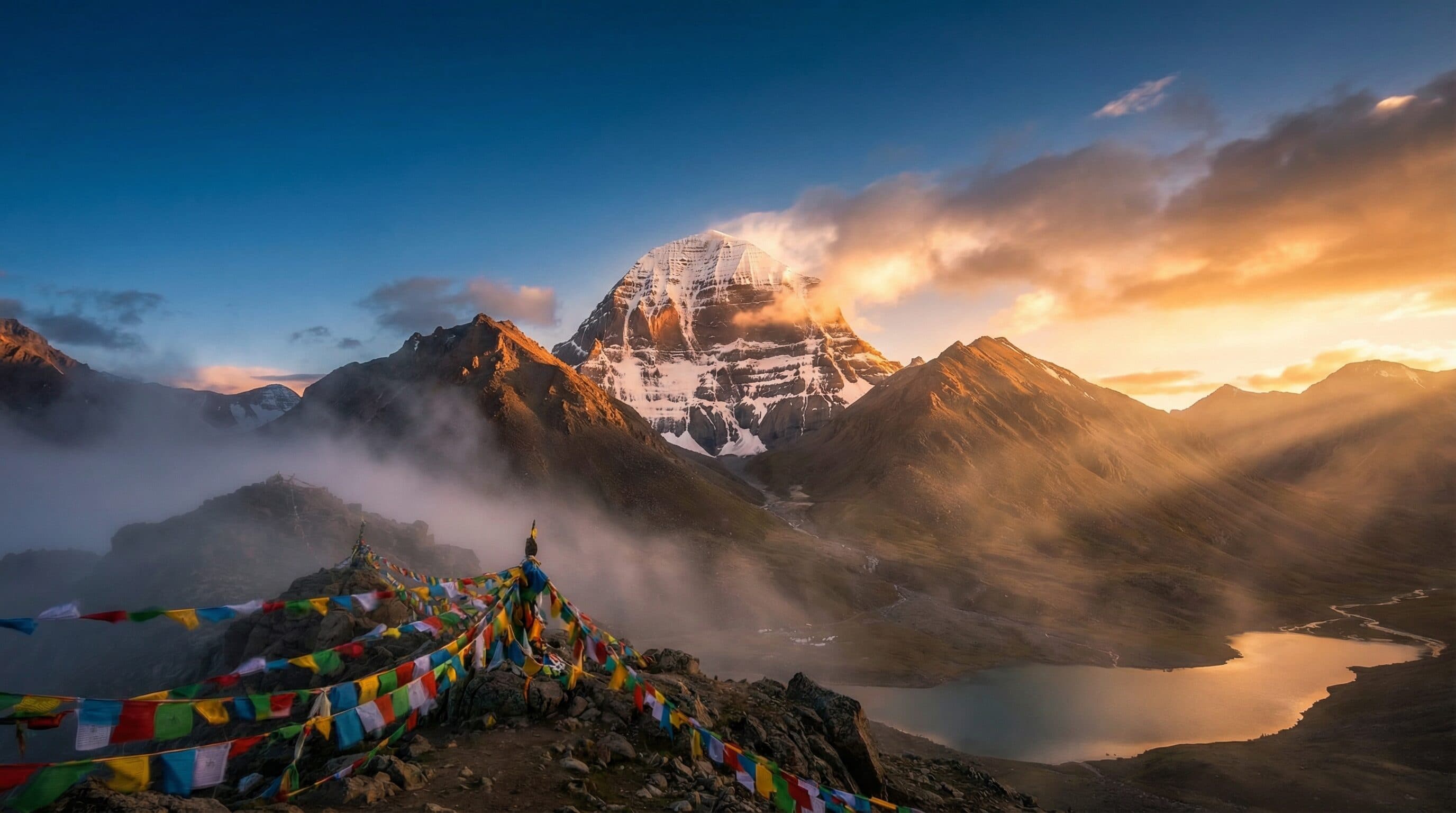 Mountain peaks at golden sunrise with Tibetan prayer flags